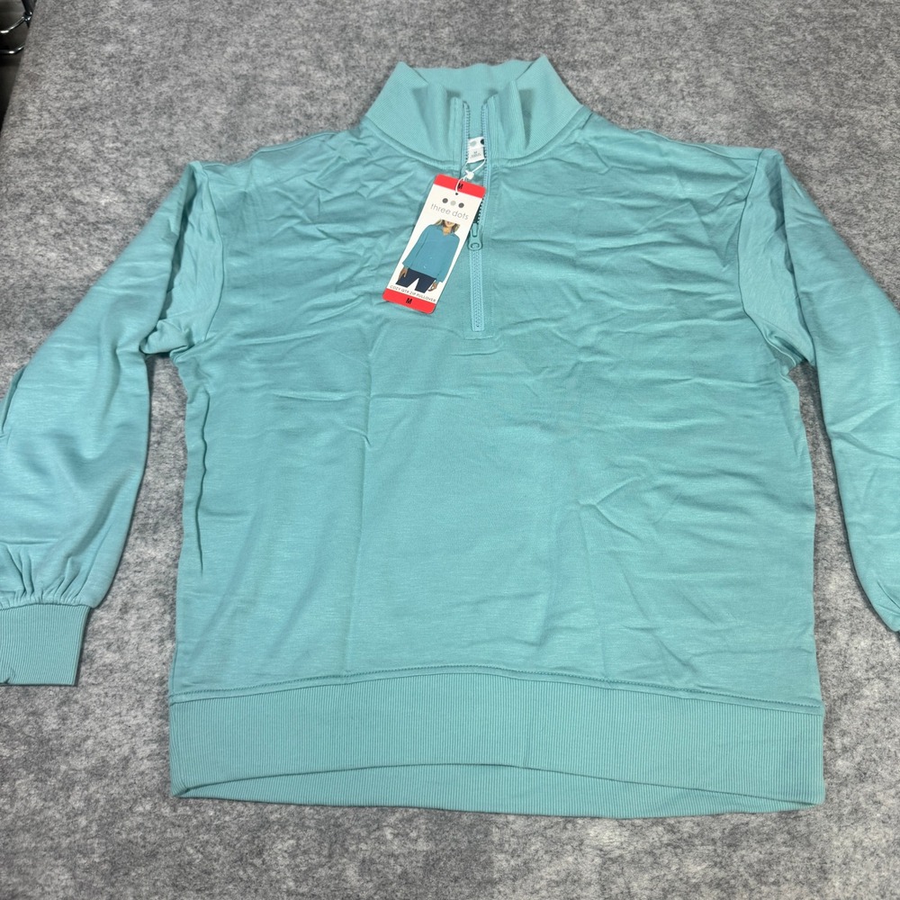 Three Dots Womens Cozy Quarter Zip Pullover Aqua Teal Fleece Sweatshirt M NEW